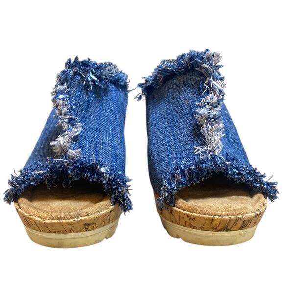 Minnetonka York Wedge Sandals Size 8 Blue Denim Cork Fringe Heels Open Toe Boho - Picture 3 of 8